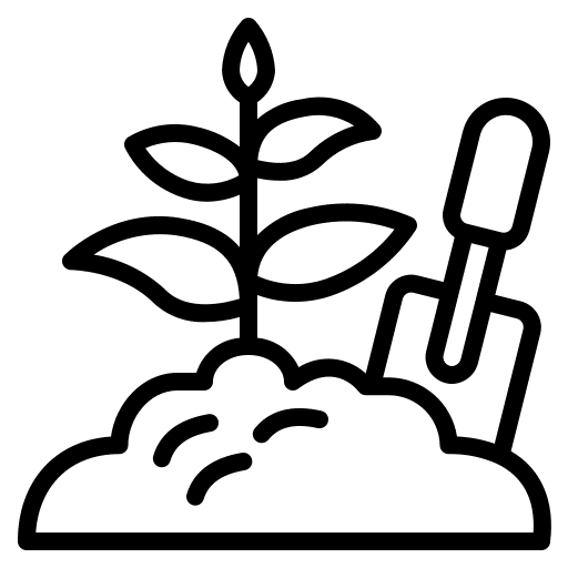 Icône Jardinage : Plantation de Jeune Pousse et Pelle Icône de jardinage montrant une jeune pousse dans un monticule de terre avec une petite pelle à côté.