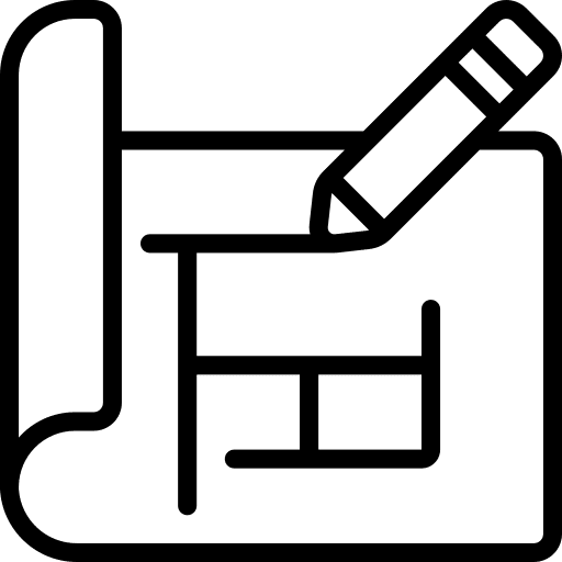 Icône Plan d'Architecture et Crayon pour Construction Icône de plan d'architecture en noir et blanc avec un crayon dessinant des lignes de construction sur papier.